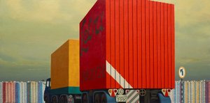 Truck and trailer approaching a city, 1973 by Jeffrey Smart