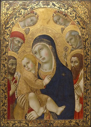 AGNSW collection Sano di Pietro Madonna and Child with Saints Jerome, John the Baptist, Bernardino and Bartholomew 1450-1481