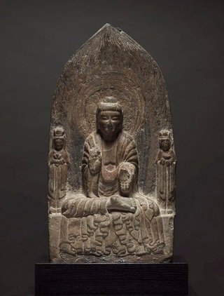 AGNSW collection Stele of a Buddha flanked by two bodhisattvas 6th century