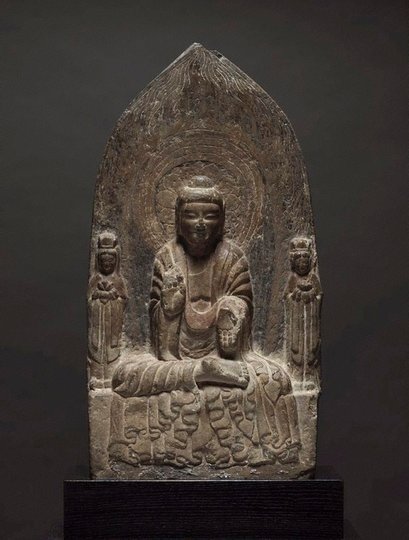 AGNSW collection Stele of a Buddha flanked by two bodhisattvas 6th century