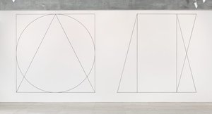 Wall drawing #303: Two part drawing. 1st part: circle, square, triangle, superimposed (outlines). 2nd part: rectangle, parallelogram, trapezoid, superimposed (outlines), 1977 by Sol LeWitt