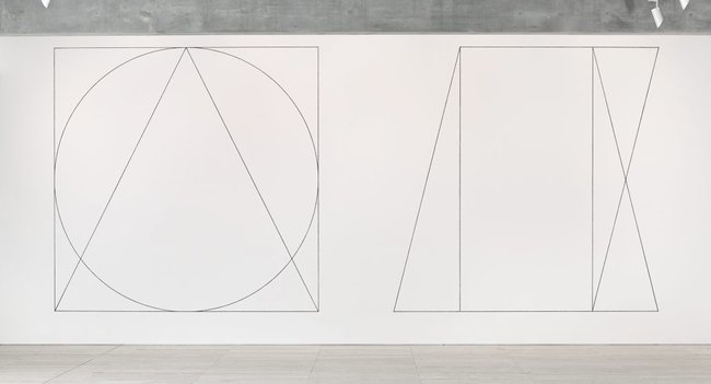 AGNSW collection Sol LeWitt Wall drawing #303: Two part drawing. 1st part: circle, square, triangle, superimposed (outlines). 2nd part: rectangle, parallelogram, trapezoid, superimposed (outlines) 1977