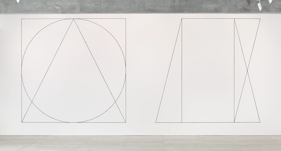 AGNSW collection Sol LeWitt Wall drawing #303: Two part drawing. 1st part: circle, square, triangle, superimposed (outlines). 2nd part: rectangle, parallelogram, trapezoid, superimposed (outlines) 1977