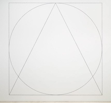 Alternate image of Wall drawing #303: Two part drawing. 1st part: circle, square, triangle, superimposed (outlines). 2nd part: rectangle, parallelogram, trapezoid, superimposed (outlines) by Sol LeWitt