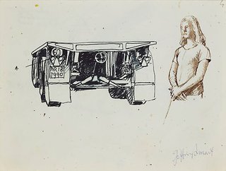 AGNSW collection Jeffrey Smart Drawings for 'Truck and trailer approaching a city' 1972