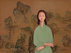 Portrait of Yin Cao on blue-and-green landscape