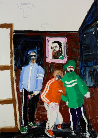 AGNSW prizes Paul Ryan Self-portrait in the studio with the Beastie Boys, painting James Drinkwater for the Archibald Prize (Los amigos), from Archibald Prize 2019
