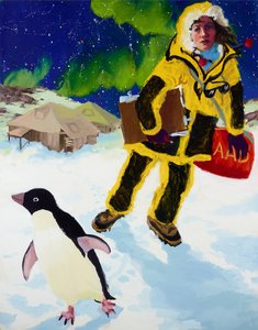 Self-portrait in Antarctica with penguin and Mawson’s huts
