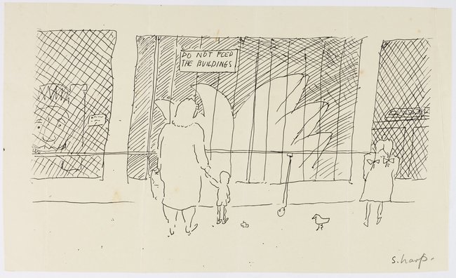 Martin Sharp *Do not feed the buildings*, date unknown, ink on paper, 13.9 x 23.5 cm, Peter Kingston Archive, National Art Archive, Art Gallery of New South Wales © estate of the artist, licensed by Viscopy, Sydney 