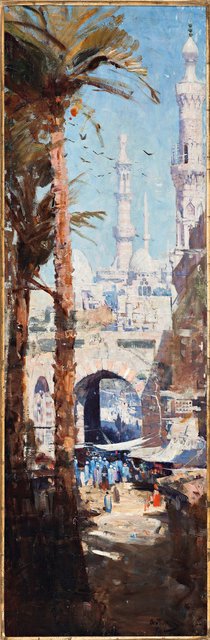 PRIVATE COLLECTION Arthur Streeton *Minarets, Cairo* 1897

**Minarets and markets**

Lofty palm trees and tall towers, or minarets, lead our eyes up to a dazzling blue sky in this busy market scene painted in Egypt in the 1890s. 

Notice how the blue robes of the people in the market create a cluster of activity. 

Streeton only gives us a thin glimpse of the city, so what do you think the rest of these buildings and the marketplace look like?   

Extend this painting and draw what you think lies beyond frame. 

At home, draw a picture of your favourite place to visit on holiday. 
