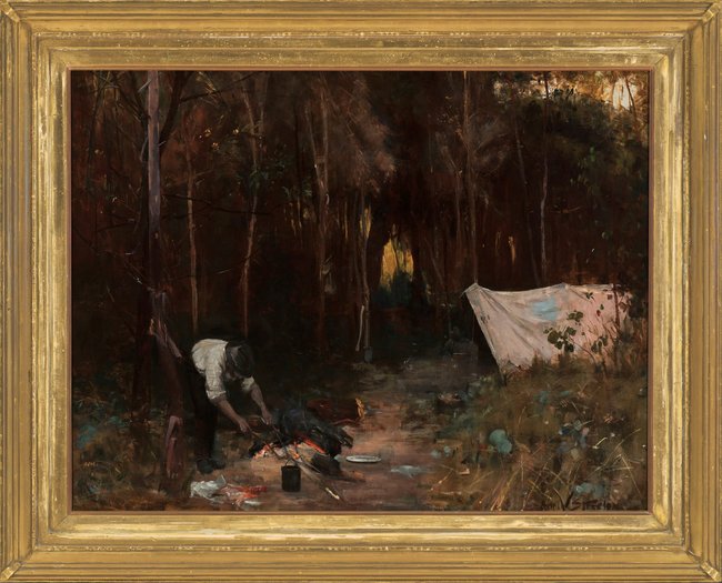 PRIVATE COLLECTION Arthur Streeton *Settler's camp* 1888

Have you ever been camping in the bush?

This man has made a campsite at the edge of some trees. His simple tent looks like a piece of canvas slung over some branches. If you look closely, you can see the last of the day’s sunlight in the clearing in the distance. Can you spot the man’s axe and a shovel leaning against a tree? What do you think he needs those for? The man is bent over his campfire, carefully lifting the black can, or billy, off the fire. 

What do you think he’s made to eat or drink?
